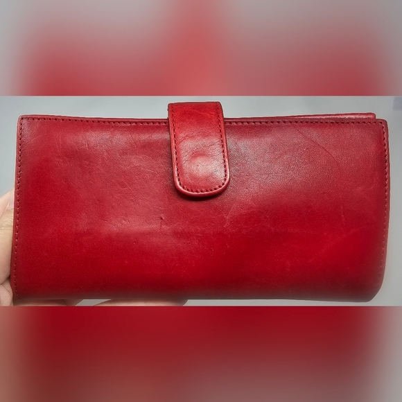 Tusk Classic Long Slim Red Leather Bifold Wallet Purple Tan Interior Credit Card - Picture 2 of 16